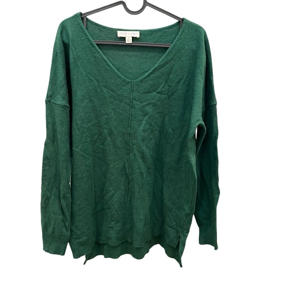She + Sky S Deep Green V-Neck long sleeve tight knit Sweater 5% lambswool